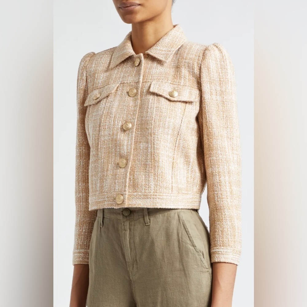 New L’Agence Kasey Bracelet Sleeve Tweed Crop Jacket Blazer Sz L
